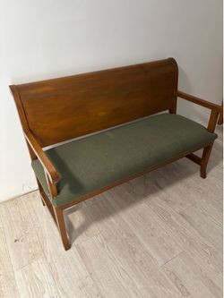 Vintage Wooden High-Back Bench with Green Upholstery