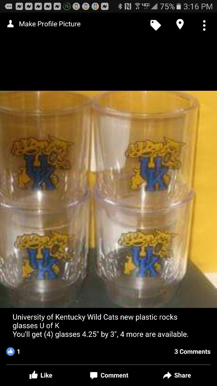 University of Kentucky Wild Cats new plastic rocks glasses U of K. You'll get (4) glasses 4.25" by 3", 4 more are available.
