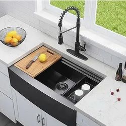 Brand New Stainless Steal Black Kitchen Single Basin Farm Sink W/Extra Items