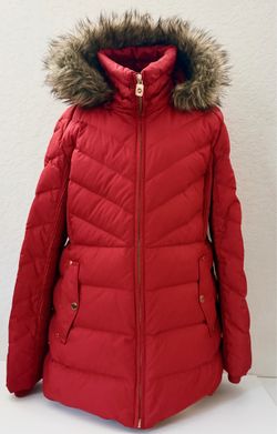 Michael Kors Jacket Coat Puffer Down Hood Faux Fur Red Women's Size XL Full Zip