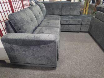 BRAND NEW 93" x 83" DARK GRAY CHENILLE REVERSIBLE SOFA SLEEPER SECTIONAL WITH STORAGE OTTOMAN