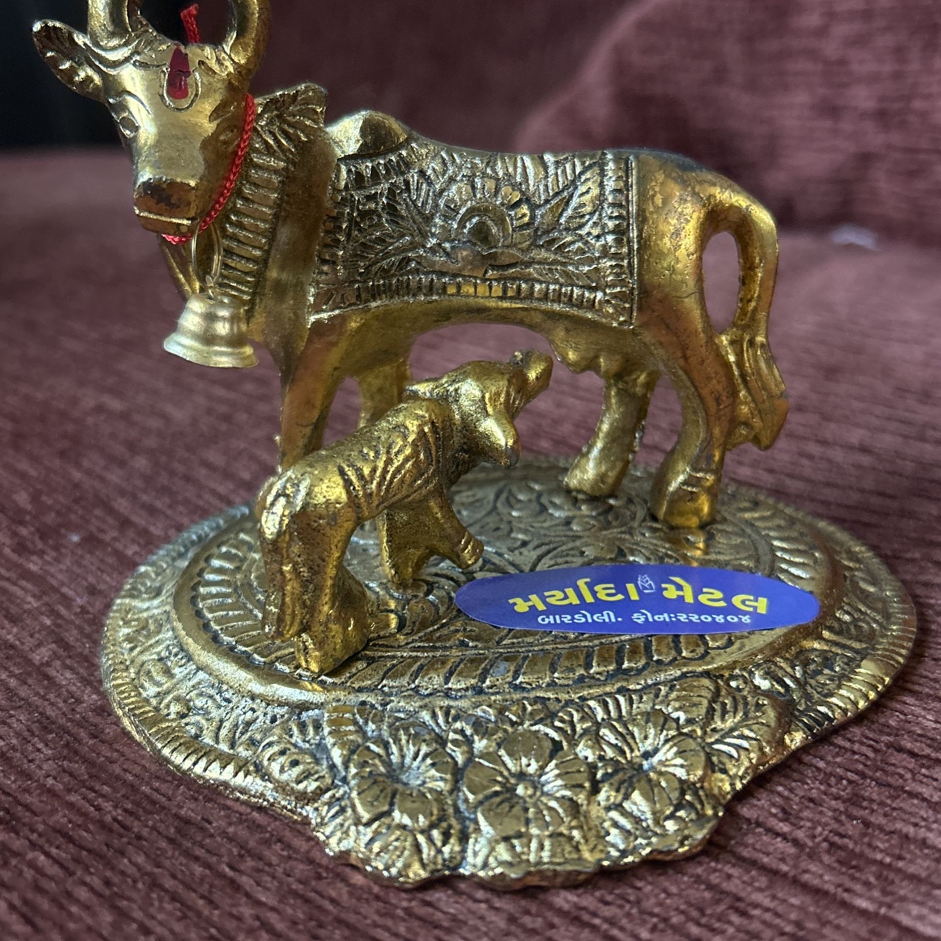 Kamdhenu Oxidised Gold Finished Brass Like Cow and Calf Figurine Decorative Gift Item