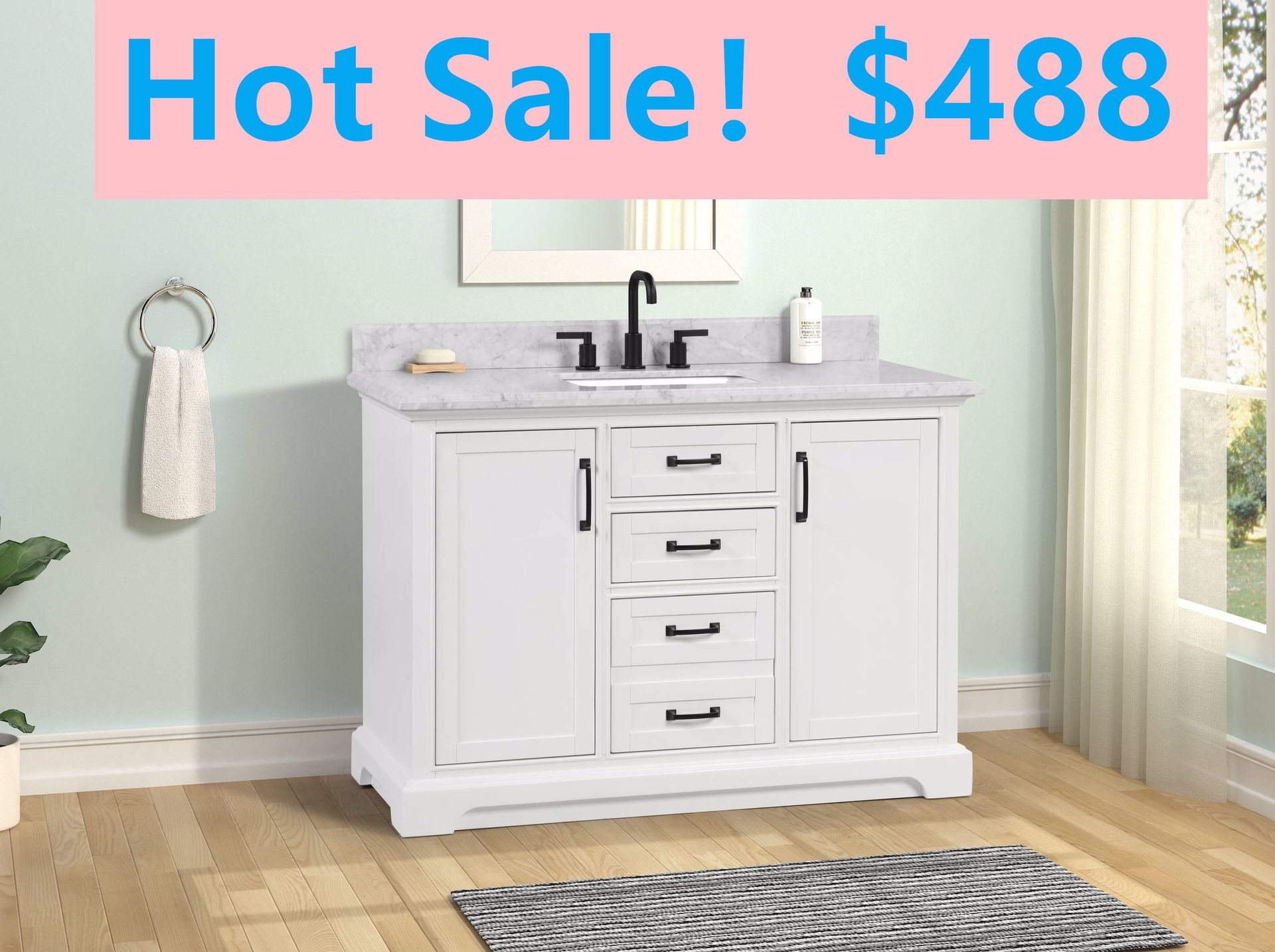 48”white single sink bathroom vanity with carrara white marble stone top