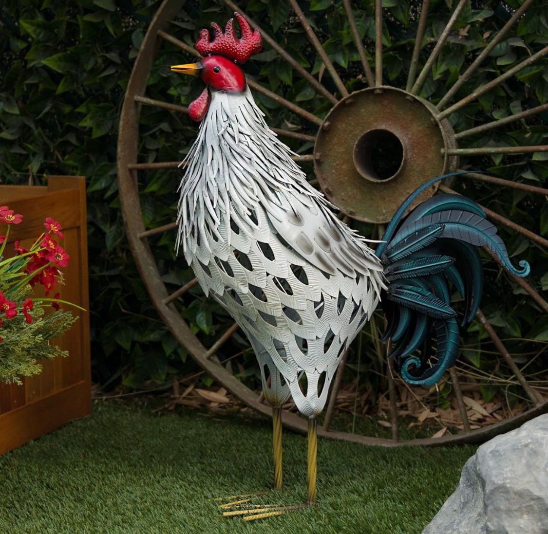 Metal White Feathered Rooster Decor Statuary Outdoor Patio Garden