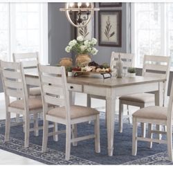 Farmhouse Medium Brown and Washed Stone Wood 66” Rectangular Dining Table + 6 Matching Chairs 