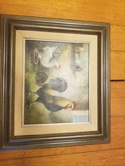 Antique framed rooster oil painting