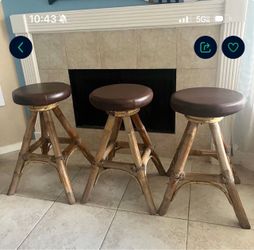 Set of 3 Bamboo Bar Stools with Brown Cushions