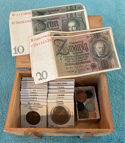 World Coins & Banknotes in a Wooden Box