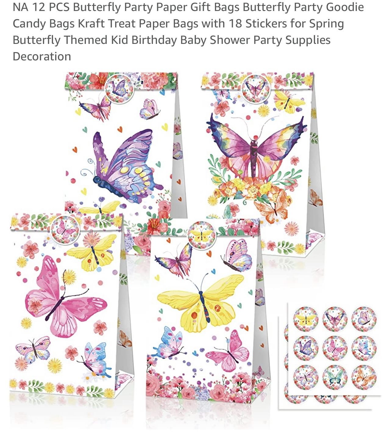 NA 12 PCS Butterfly Party Paper Gift Bags Butterfly Party Goodie Candy Bags Kraft Treat Paper Bags with 18 Stickers for Spring Butterfly Themed Kid Bi