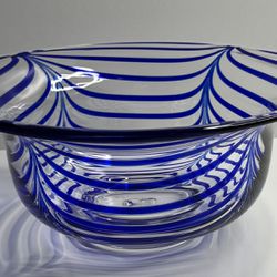 Vintage Metropolitan Museum Of Art Cobalt Blue And Clear Swirl Art Glass Bowl Portugal
