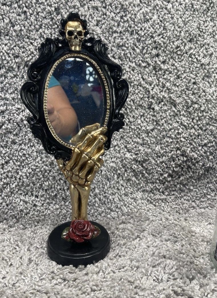 Skeleton Hand Holding Mirror Gothic Skull Dark Decor Resin Glass Halloween