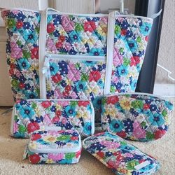 Vera Bradley Small Trimmed Vera Shoulder Bag / Tote in Far Out Floral. NWT with accessories