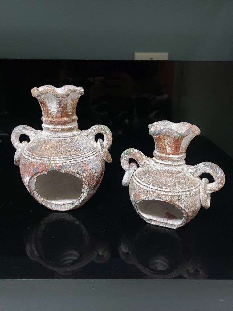 Pair Ceramic Chimney Vases w/ Double Ring Handles