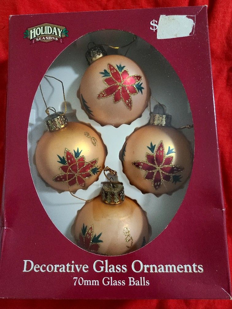 Holiday Seasons Poinsettias Decorative 70mm Glass Balls Box Of 4