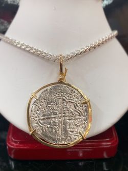 Big Atocha coin pendant in 14Kt gold bezel with big silver chain 24”