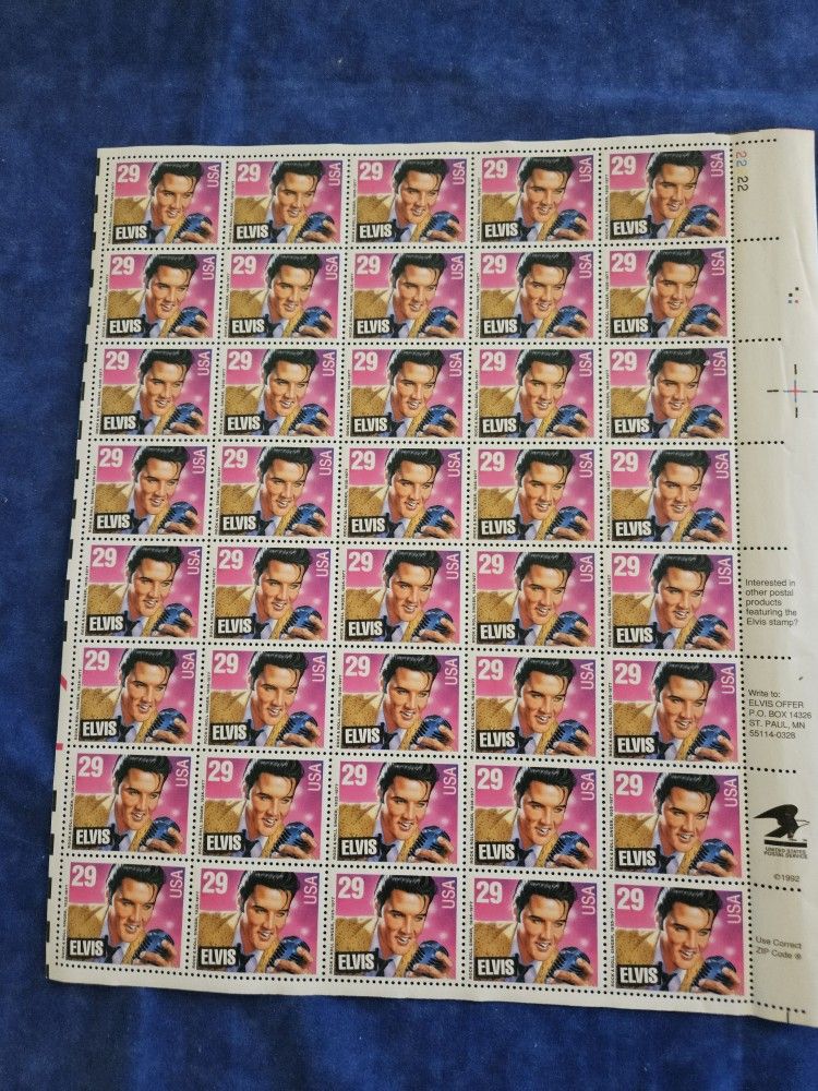Sheet of Elvis 29 Cent Stamps.  There Is 40 Stamps To The sheet.  The price Is $18.00 for The sheet.