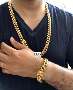 New 18k Yellow Gold Filled Cuban Link Chain And Bracelet Set 
