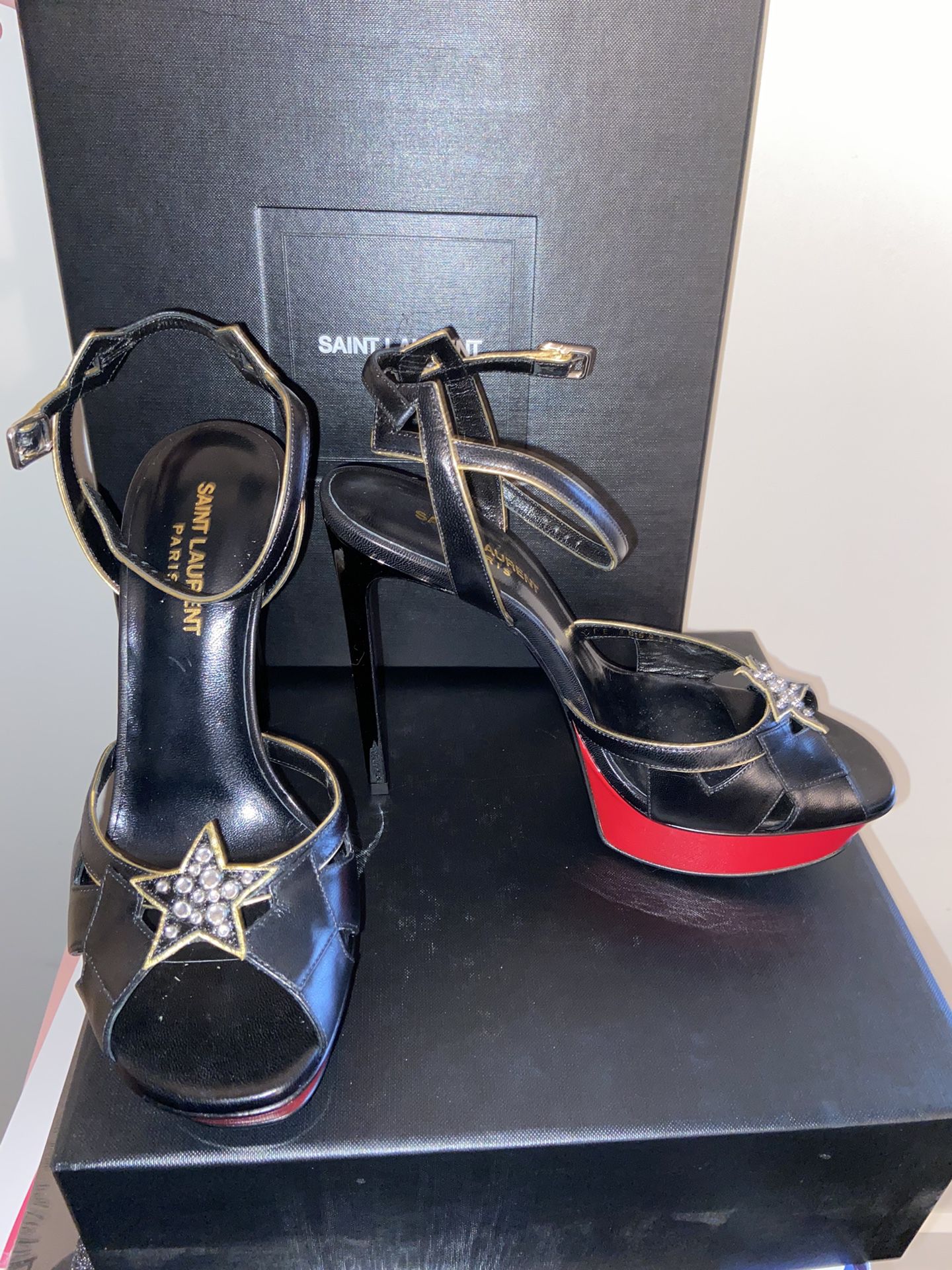 Saint Laurent Bianca Studded Crystal Star Platform Sandals in Black, Red & Gold 