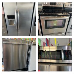 Kitchen combo package Frigidaire stainless steel refrigerator stove dishwasher and microwave everything working fine and tasted delivery and installat