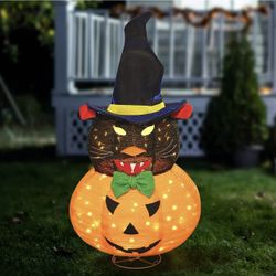 New Halloween Witch Decorations Cat and Pumpkin, Jack O' Lantern Collapsible Halloween Yard Decor, Pre-Light up Yard Decoration with Battery Case for 