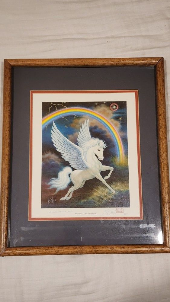 K. Chin Signed Fantasy Art Print Unicorn/Pegasus Rainbow Framed