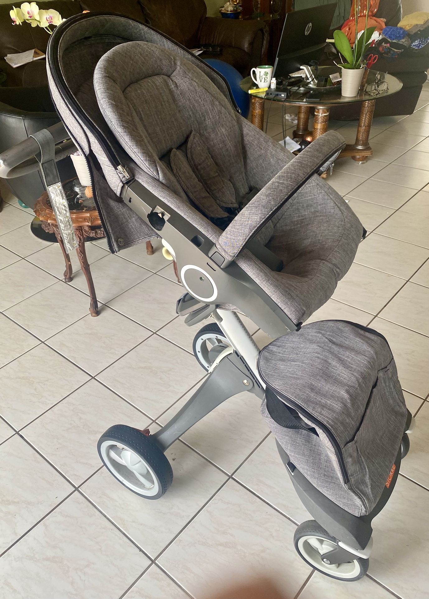 Stokke Stroller, infant car seat, Barbie dolls