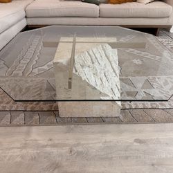 Antique Travertine and Brass Coffee Table With Glass Top $300 OBO