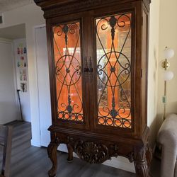 Solid Wood Curio / Display Cabinet with Wrought Iron Doors – Lighted