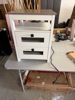 farmhouse style 2 drawer wood night stand with charging station