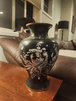 Vintage Vase - Black Lacquer Brass w/ mother of pearl Peacock