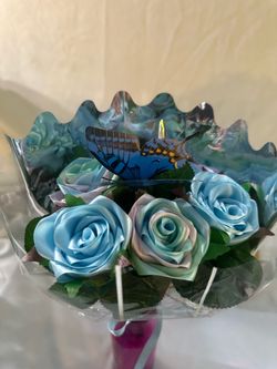 Half‑Dozen Handmade Ribbon Rose Bouquet – Light Blue & Pastel Mix