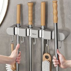 Wall-Mounted Broom & Mop Holder- Mop Hanger Broom Storage Rack w 5 Slots 6 Hooks