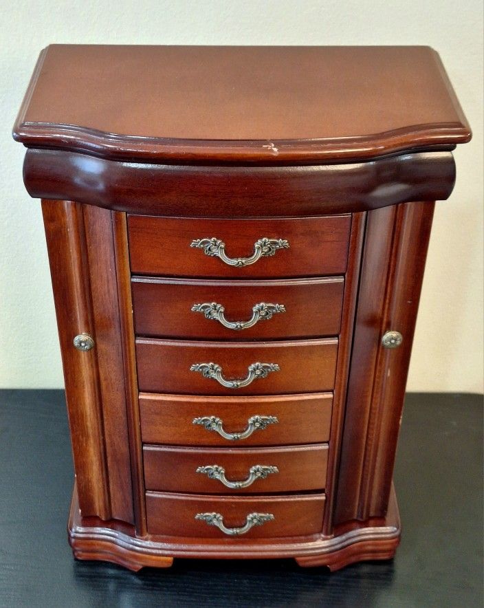 WOODEN JEWELRY BOX ARMOIRE WITH MIRROR & DRAWERS