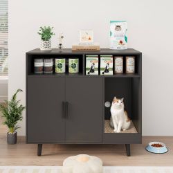 Tall Hidden Litter Box Furniture, Large Black Cat Litter Box Enclosure Wooden Cat Litter Furniture with Cat Scratching Board for Living Room