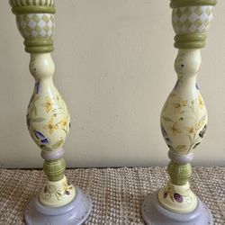 Hand-Painted Vintage Wood  Farmhouse Candlesticks 