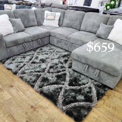 Elegant 4-Pc Corduroy Convertible Sectional Sofa With Pullout Bed & Double Storage 