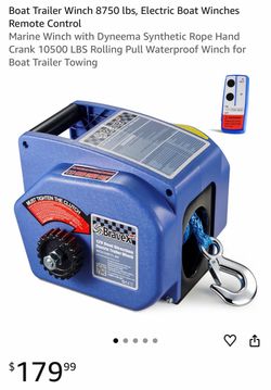 Boat Trailer Winch 8750 lbs, Electric Boat Winches Remote Control Marine Winch with Dyneema Synthetic Rope Hand Crank 10500 LBS Rolling Pull Waterproo