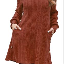 Long Sleeve Dress for Women Basic Crew Neck Tunic Dresses with Pockets Button