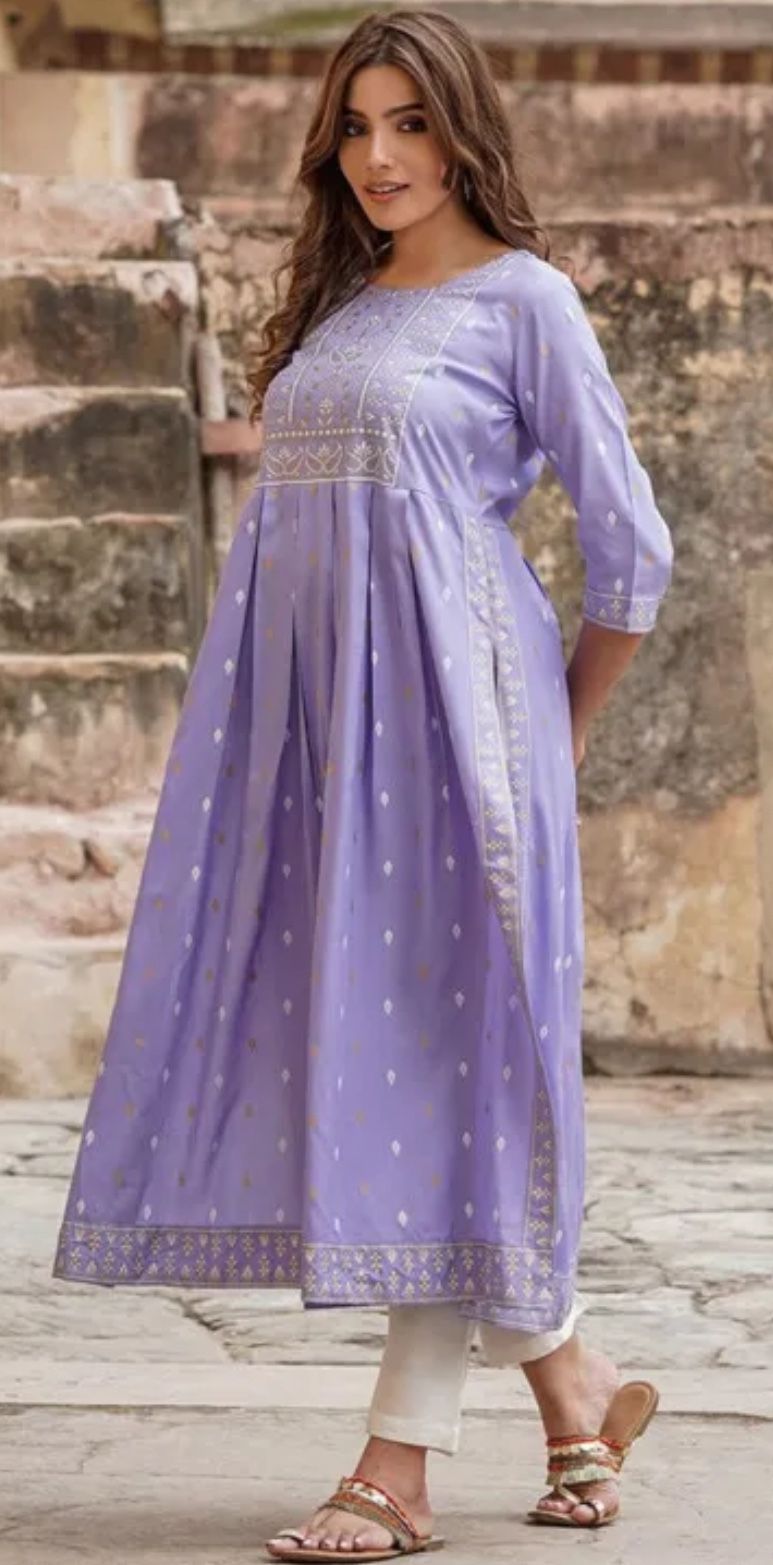 Printed Viscose Rayon Straight Kurta in Light Purple