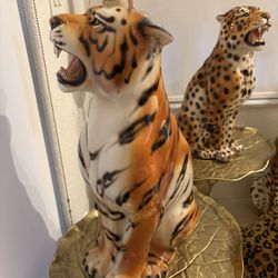 $375 EACH 23” Italian Standing Floor Bengal Tiger Statue.  Perfect, Like New,  Made In Italy By CERAMICHE. 29” Leopard $500.   Prices Are Firm.  