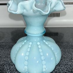 Vintage Fenton Blue Overlay Cased Iridescent Glass Beaded Melon Vase