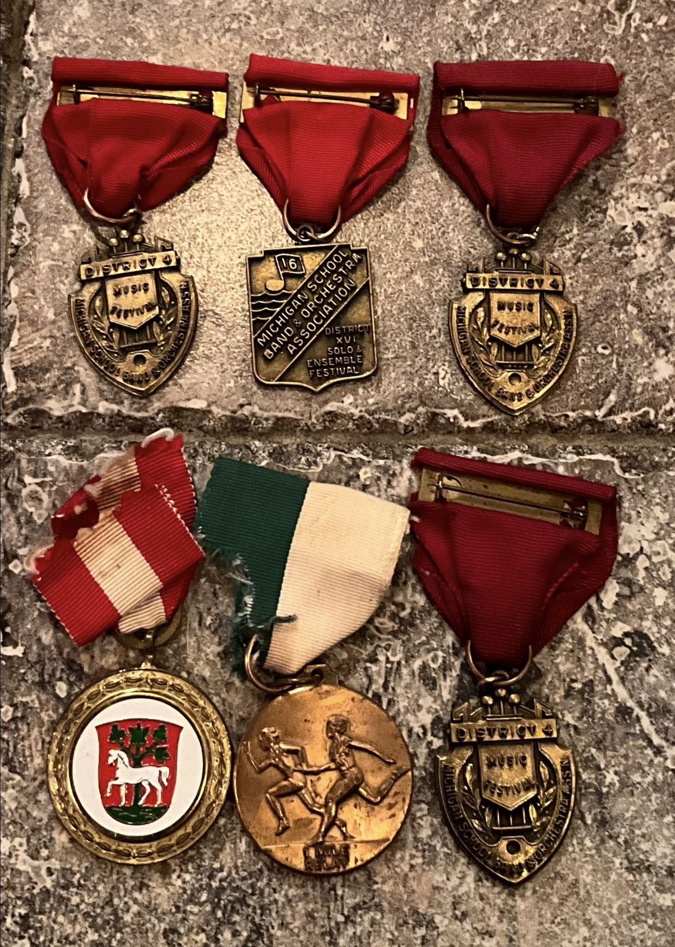 Vintage 6 Piece Assorted Running, Musical & Horse Medals From Detroit Michigan