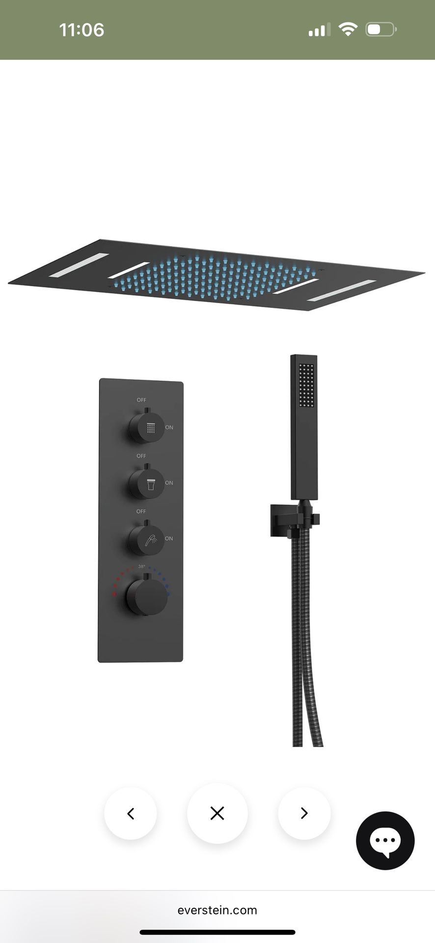 EVERSTEIN LED Thermostatic Dual Function Shower Head System Ceiling Mounted with Rough-in Valve in Matte Black SFS-1024-BK  