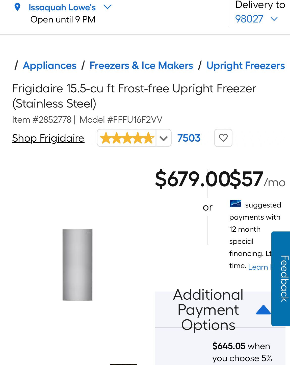 Frost Free Upright Freezer - nearly new