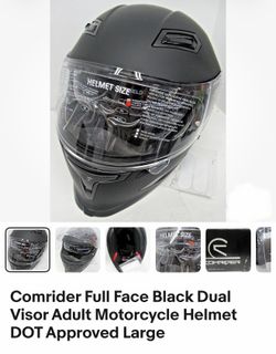 Comrider Full Face Black Dual Visor Adult Motorcycle Helmet DOT Approved Large