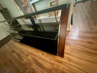 Black Glass TV Stand w/ 3 Shelves, Open Storage, Medium Wood Side Panels