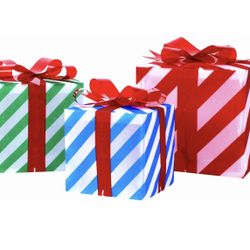 Juegoal Christmas Set of 3 Lighted Gift Boxes Decorations, Pre-lit 60 LED Light Up Christmas Tree Skirt Ornament, Indoor Outdoor Pathway Red Green and