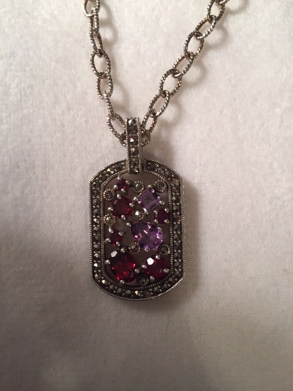 Amethyst, Garnet, & Marcasite Dog Tag Pendant with chain