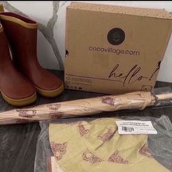 NEW Coco village Rain Boot (size 3), Bucket Rain Hat, Umbrella Set 