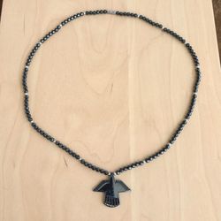 24” Beaded Natural Hematite Thunderbird Necklace